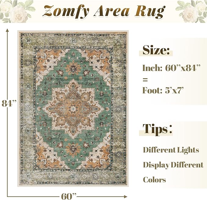 Area Rug 5x7 Vintage Rug: Washable Indoor Medallion Rugs Low Pile Distressed Floor Carpet Retro Accent Rug for Living Room Bedroom Kitchen Dining Table Home Office(Brown Green, 5'x7')