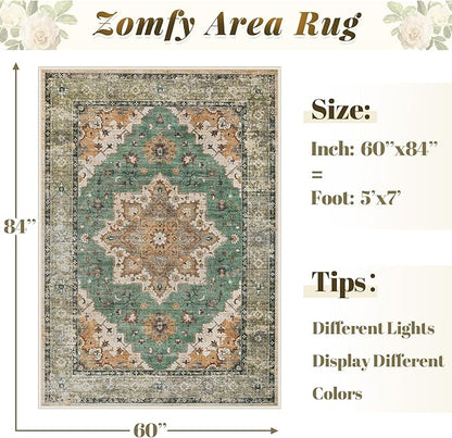 Area Rug 5x7 Vintage Rug: Washable Indoor Medallion Rugs Low Pile Distressed Floor Carpet Retro Accent Rug for Living Room Bedroom Kitchen Dining Table Home Office(Brown Green, 5'x7')