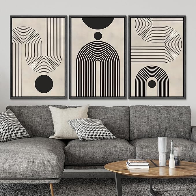 SIGNLEADER Framed Canvas Print Wall Art Set Duotone Geometric Black & White Polygons Abstract Modern Art Geometric Zen Mid-Century for Living Room, Bedroom, Office - 24"x36"x3 BLACK