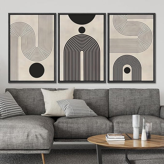 SIGNLEADER Framed Canvas Print Wall Art Set Duotone Geometric Black & White Polygons Abstract Modern Art Geometric Zen Mid-Century for Living Room, Bedroom, Office - 24"x36"x3 BLACK