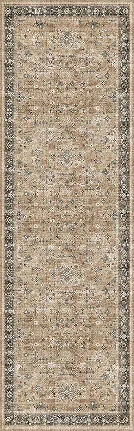 Distressed Taupe Washable Long Runners for Hallways, 2'6"x8' Wide Kitchen Runner Rug, Bohemian Traditional Entryway Indoor Rug, Distressed Floral Geometric Design, Non-Slip Stain & Fade Resistant