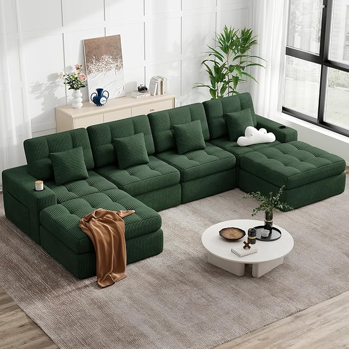 144" U Shaped Cloud Boneless Couch,Modern Modular Sectional Sofa with Layered Cushion,No Assembly Convertible Corduroy Couches for Living Room,Green 1 PCS
