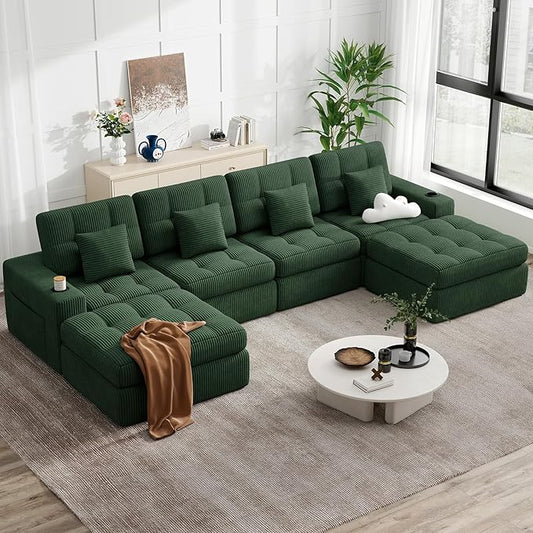 144" U Shaped Cloud Boneless Couch,Modern Modular Sectional Sofa with Layered Cushion,No Assembly Convertible Corduroy Couches for Living Room,Green 1 PCS
