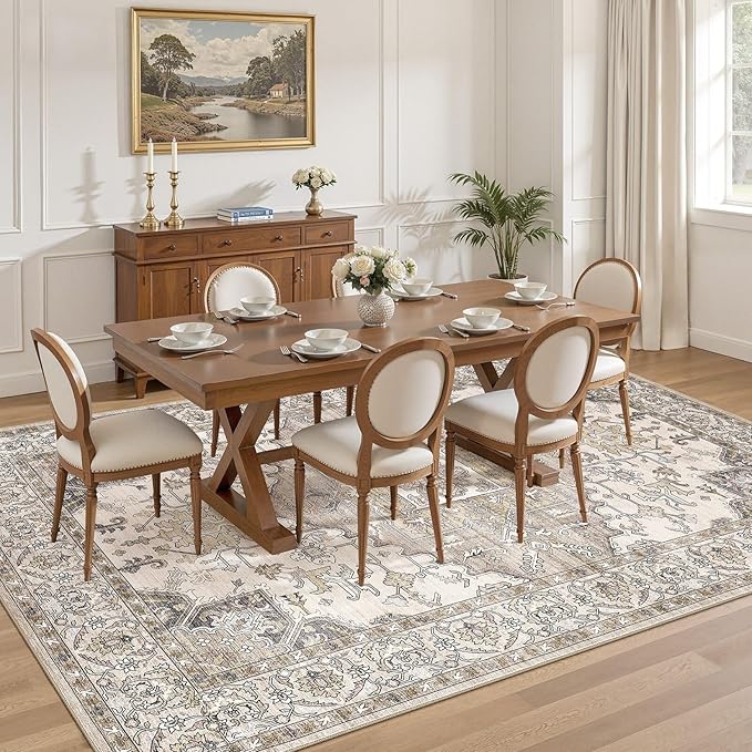 9x12 Washable Area Rugs for Living Room: Non Slip Vintage Brown Rug, Large Soft Stain Resistant Indoor Floor Carpets for Bedroom Dining Room Farmhouse Nursery Home Office Kid & Pet Friendly