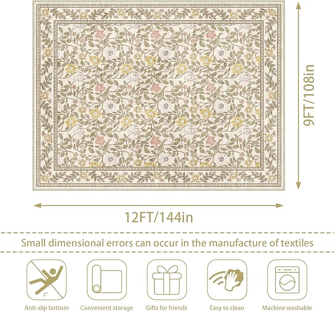 9x12 Floral Area Rug for Living Room Non Slip,Soft Low Pile Stain Resistant Washable Girls Bedroom Large Vintage Rugs,Beige/Multi