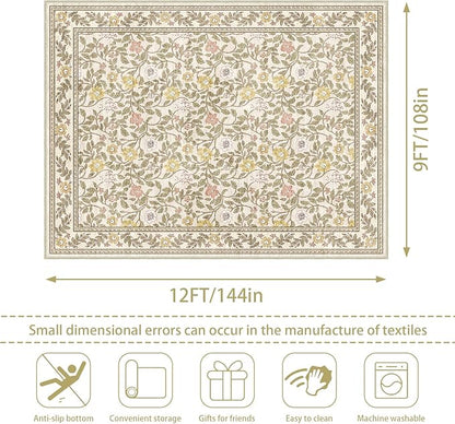 9x12 Floral Area Rug for Living Room Non Slip,Soft Low Pile Stain Resistant Washable Girls Bedroom Large Vintage Rugs,Beige/Multi