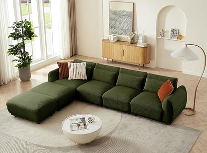 U Shaped Cloud Sectional, Convertible L Shaped Couch with Removable Ottomans,Modular Cloud Couch Sectional for Living Room(4 Set + 2 Ottomans - Green)