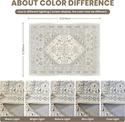 zesthome 6x9 Area Rug, Super Soft Washable Rugs for Living Room, Non-Slip Stain Resistant Vintage Rugs, Ultra-Thin Large Area Rugs (Beige,6'x9')