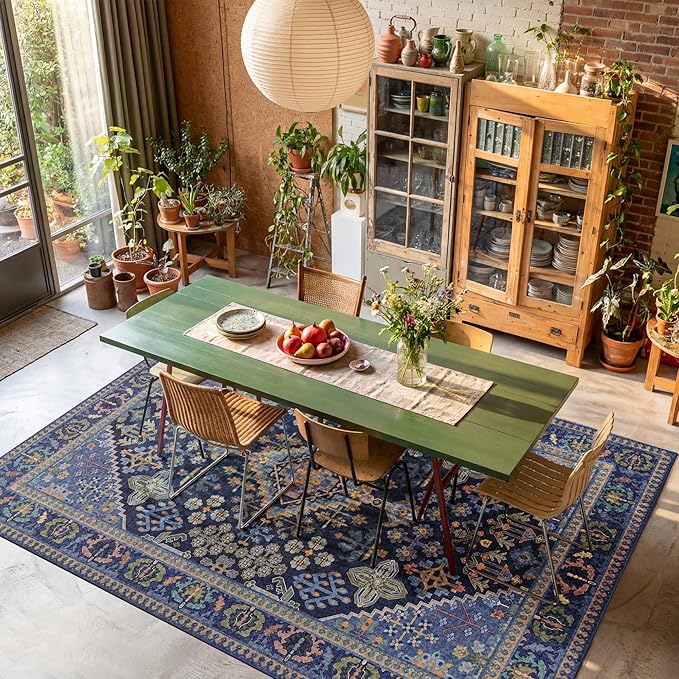 Kokia 9x12 Area Rugs for Living Room, Machine Washable Low Pile Rug, Non Slip Backing Boho Rugs for Bedroom, Printed Soft Vintage Carpet Navy Blue Green 9 x 12