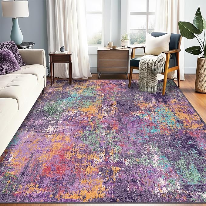 RELEANY Washable Area Rugs 7'x9' Non-Slip Modern Abstract Soft for Living Room Entryway Bedroom Nursery, Print Pattern, Purple Orange Blue Green Rust Red Colorful