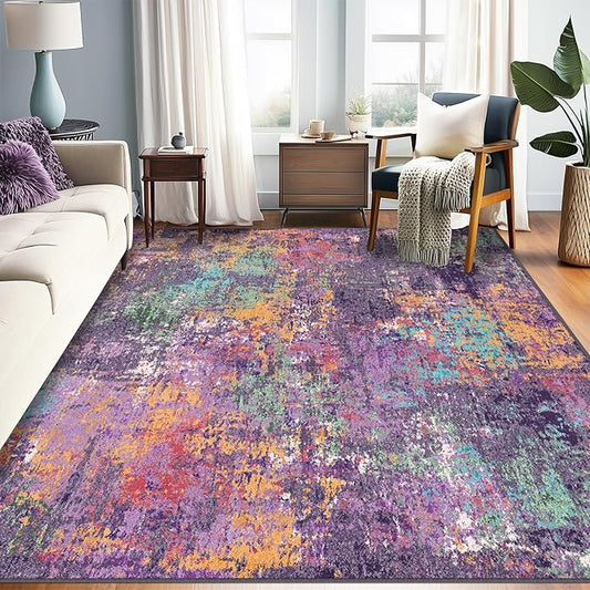 RELEANY Washable Area Rugs 6'x8' Non-Slip Modern Abstract Soft for Living Room Entryway Bedroom Nursery, Print Pattern, Purple Orange Blue Green Rust Red Colorful