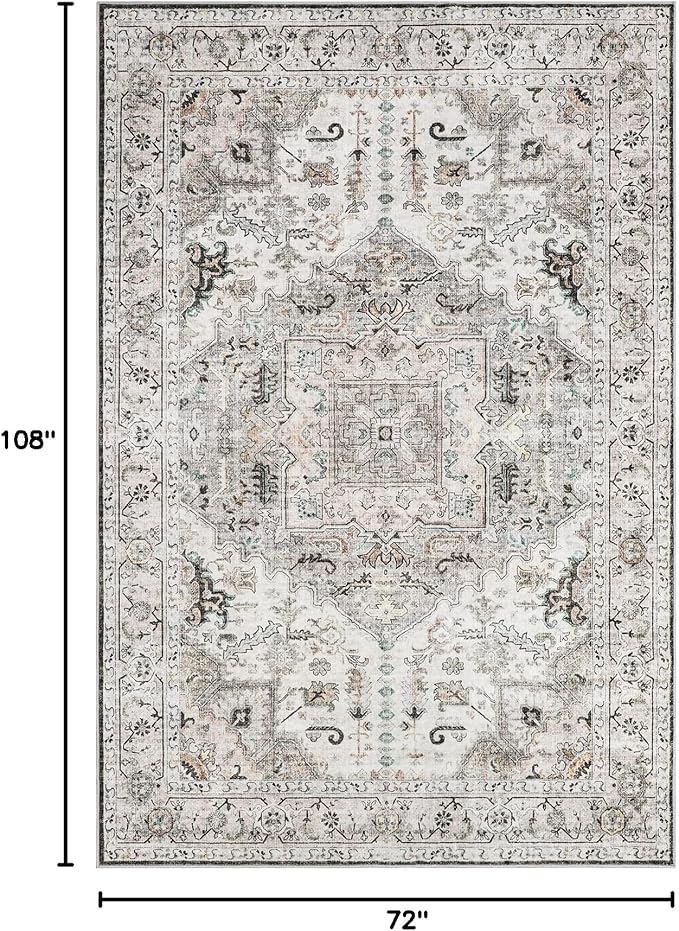 6x9 Area Rugs for Living Room, Machine Washable Non Slip Vintage Rug, Non-Slip Stain Resistant, Large Soft Home Decor Rug for Bedroom Dining Room (Brown/Ivory,6'x9')