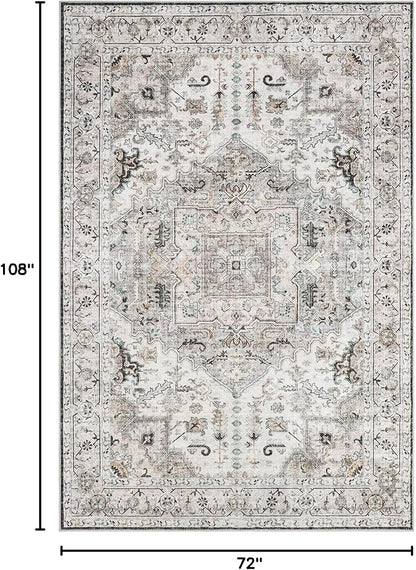 6x9 Area Rugs for Living Room, Machine Washable Non Slip Vintage Rug, Non-Slip Stain Resistant, Large Soft Home Decor Rug for Bedroom Dining Room (Brown/Ivory,6'x9')