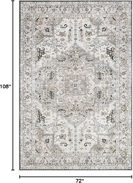 6x9 Area Rugs for Living Room, Machine Washable Non Slip Vintage Rug, Non-Slip Stain Resistant, Large Soft Home Decor Rug for Bedroom Dining Room (Brown/Ivory,6'x9')