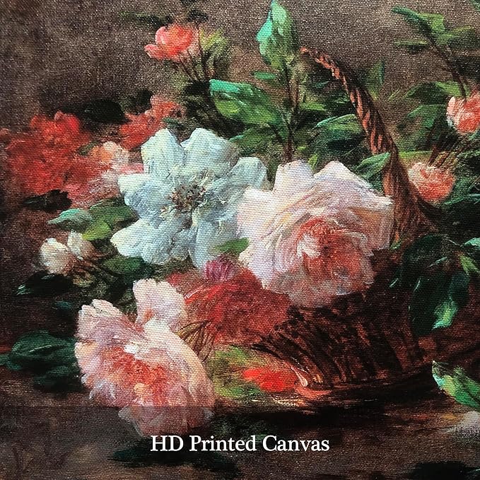 Pyradecor Vintage Retro Framed Wall Art A Basket with Roses Canvas Prints Classical Floral Painting Artwork for Kitchen Decor Farm House Office Decorations