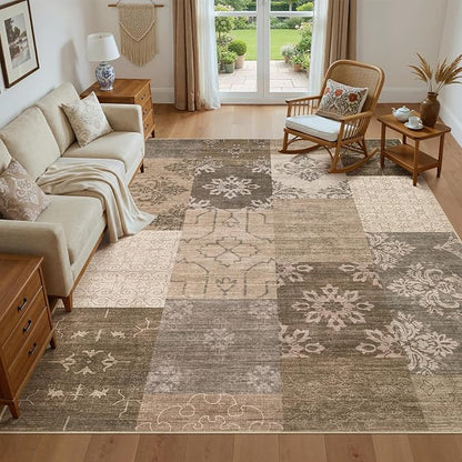 UERMEI 8x10 Area Rug Washable, Brown Modern Geometric Rugs for Living Room, Non-Slip Patchwork Carpet, Stain Resistant Low-Pile Foldable Rug for Bedroom Dining Room - Warm Brown