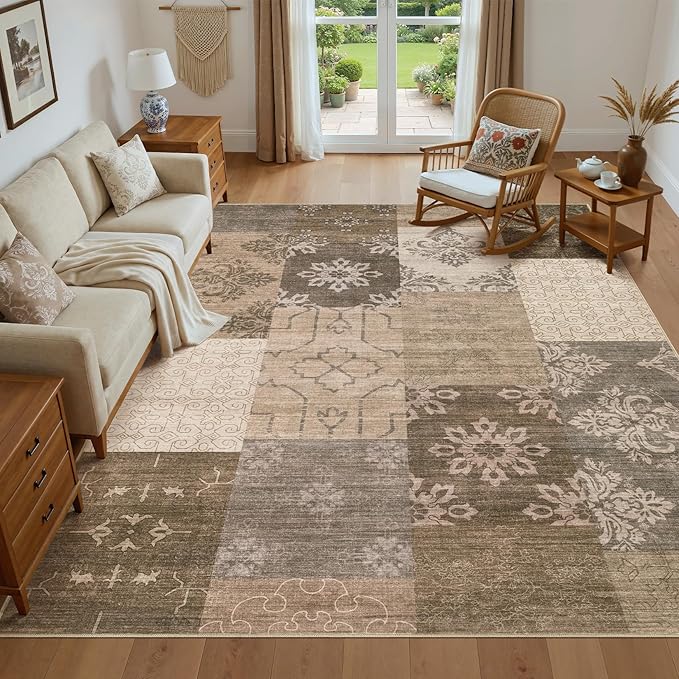 UERMEI 6x9 Area Rug Washable, Brown Modern Geometric Rugs for Living Room, Non-Slip Patchwork Carpet, Stain Resistant Low-Pile Foldable Rug for Bedroom Dining Room - Warm Brown