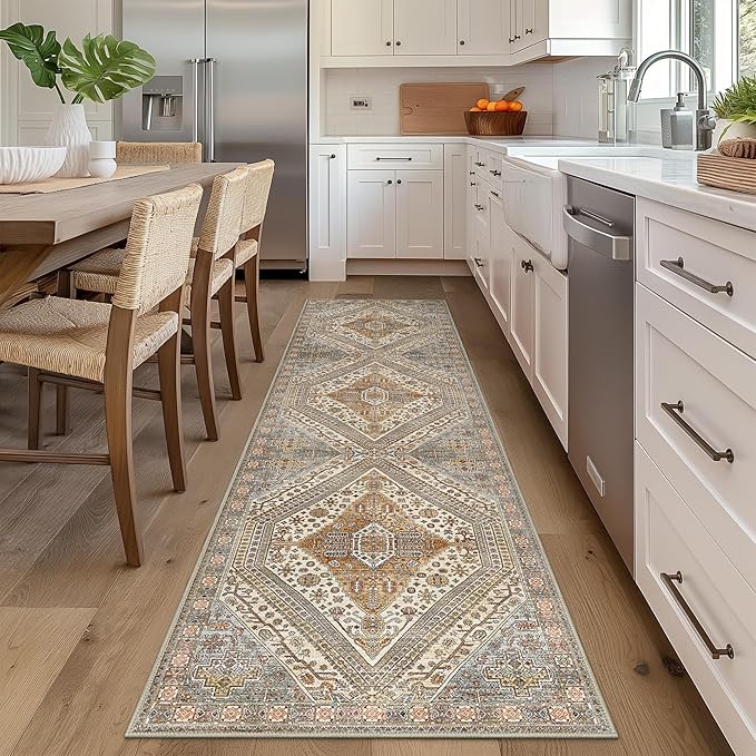 Bavni Runner Rug 2x12 Kitchen Rugs for Hallways Entryway, Washable Vintage Print Carpet, Ultra-Thin Chenille Low Pile Lightweight Rug with Non Slip Backing, Light Tan/Grey