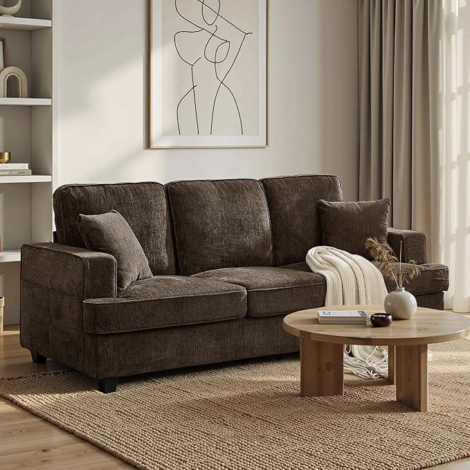 Korser Modern 89" Couches for Living Room, 3-Seater Chenile Couch Sofa with Armrest Deep Seats, Comfortable Mid-Century Sofas for Living Room Bedroom Office Apartment Lounge, Brown