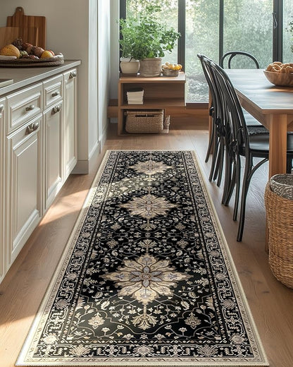 RELEANY Area Rugs 2'x8' Runner Rug Non Slip Washable for Kitchen Hallway Bedroom Beside Laundry Room Bathroom Rug, Floor Carpet, Black Brown Neutral Dark Tan