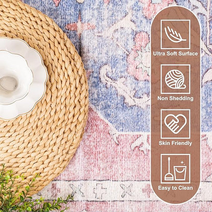 Sofrug Area Rug 6x9 - Vintage Honeycomb Non Slip Backing Carpet - Ocean Pink Mixed Softer Thicker Faux Wool Rug - Foldable & Machine Washable Rugs for Living Room Bedroom Dining Room Home Office