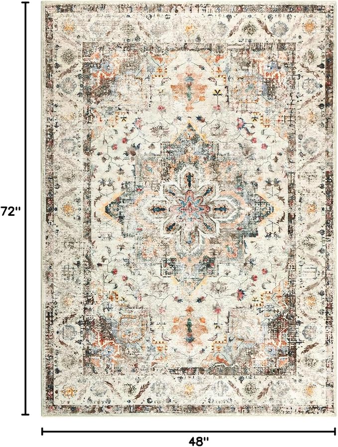 YOH Boho Washable Rug 4x6, Vintage Multi Non Slip Area Rug, Distressed Indoor Carpet for Living Room Bedroom Kitchen Office