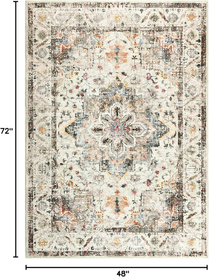 YOH Boho Washable Rug 4x6, Vintage Multi Non Slip Area Rug, Distressed Indoor Carpet for Living Room Bedroom Kitchen Office