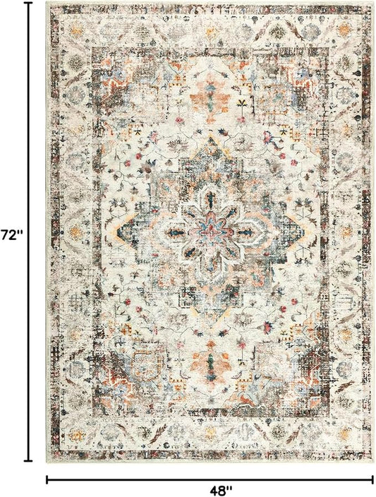 YOH Boho Washable Rug 4x6, Vintage Multi Non Slip Area Rug, Distressed Indoor Carpet for Living Room Bedroom Kitchen Office