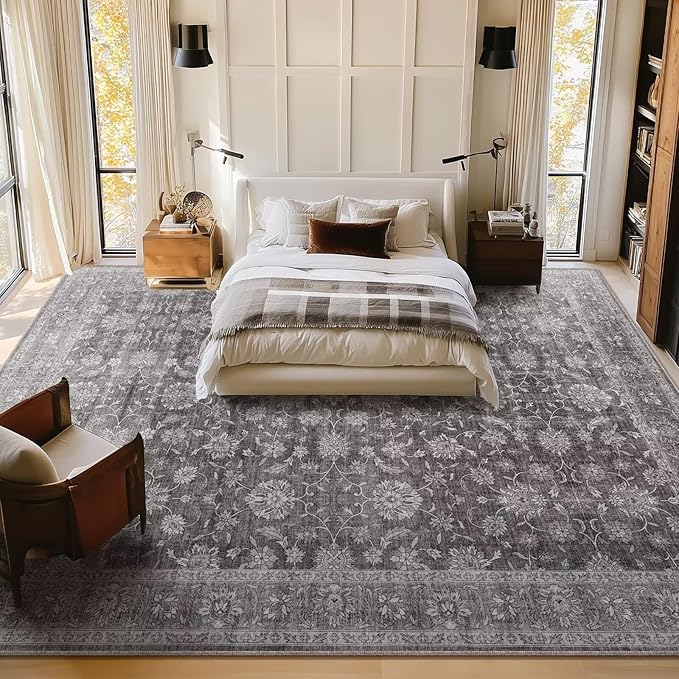 Washable 10x14 Area Rugs for Living Room, Boho Non-Slip Vintage Distress Large Rugs for Bedroom Dining Room Office, 0.3" Neutral Oriental Throw Thin Carpet, Grey/Multi, E3