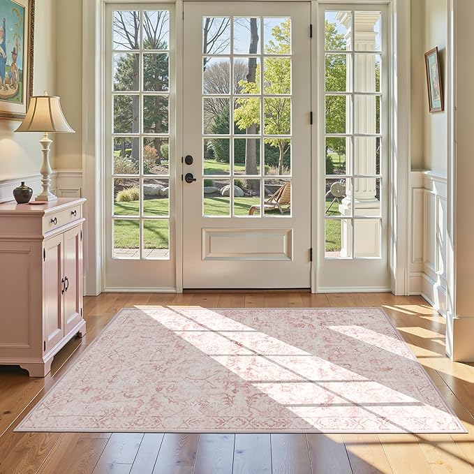 Pink Vintage Area Rug 3x5 for Living Room Bedroom, Washable Distressed Farmhouse Soft Thin Non-Shedding Indoor Throw Rug, Traditional Accent Carpet for Bedroom Office