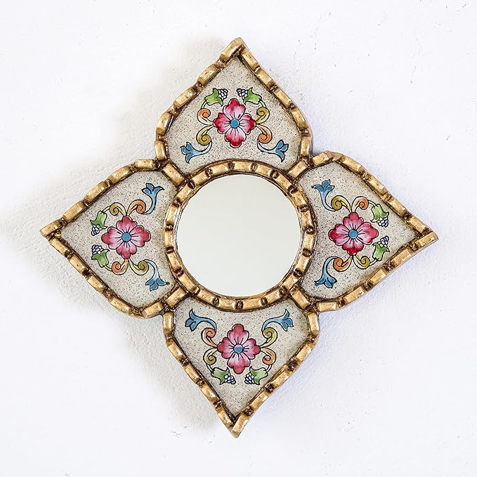 Artisan Handcrafted Wall Mirror Set, 3 Floral Shape Mirrors, Bronze Finish Frame, Turquoise Purple Beige Glass