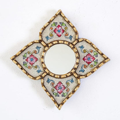 Artisan Handcrafted Wall Mirror Set, 3 Floral Shape Mirrors, Bronze Finish Frame, Turquoise Purple Beige Glass
