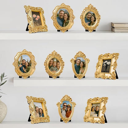 97 Decor Small Rose Gold Picture Frames Set - 10 Pcs Oval Rectangle Golden Mini Frames, Baroque Gallery Wall Frame Pack, Assorted Vintage Frame For Wall Decor (With Backing, Without Glass)