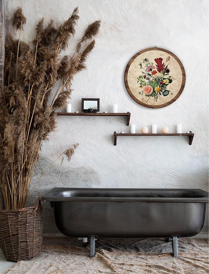 Vintage Floral Boho Hanging Wall Decor, Farmhouse Botanical Neutral Round Wooden Wall Art, Natural Flowers Western Boho Decorations for Living Room Bedroom Bathroom Kitchen Office Apartment Home, 01