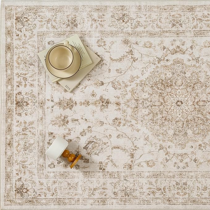 PureCozy 5x7 Beige Area Rug Washable Living Room Vintage Carpet Bedroom Distressed Non Slip Low Pile Thin Dining Room Office Medallion Accent Throw Rug