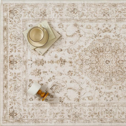 PureCozy 2x6 Beige Runner Rug Washable Hallway Vintage Carpet Kitchen Distressed Small Long Non Slip Low Pile Thin Bedroom Medallion Accent Throw Rug Laundry Living Room