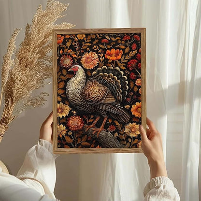 Framed Vintage Turkey 3D Textures Wall Art – Fall Floral Thanksgiving Wall Decor, Rustic Autumn Harvest Bird Artwork Painting for Living Room Kitchen Dining Room – 12x16in