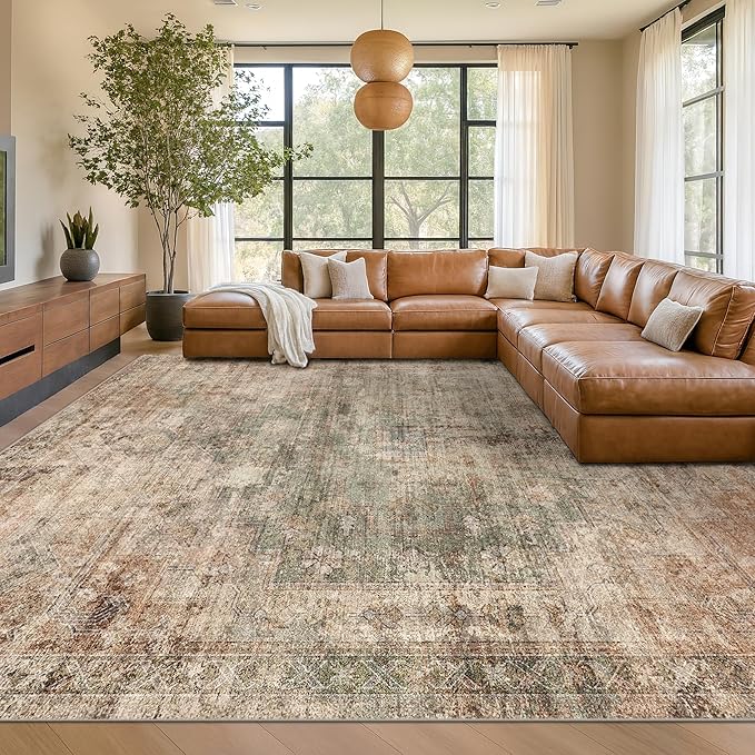 Hazo Haus Vintage Large Distressed Medallion Area Rug for Living Room – 8x12 Green Brown Washable Rug for Bedroom & Dining Room Under Table, Ultra-Thin Soft Non-Slip Lightweight Printed Design