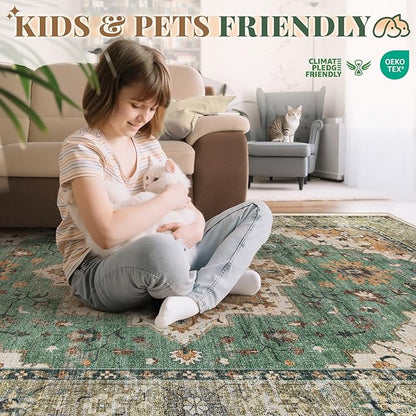 Area Rug 9x12 Vintage Rug: Large Washable Indoor Medallion Rugs Low Pile Distressed Floor Carpet Retro Accent Rug for Living Room Bedroom Kitchen Dining Table Home Office(Brown Green, 9'x12')