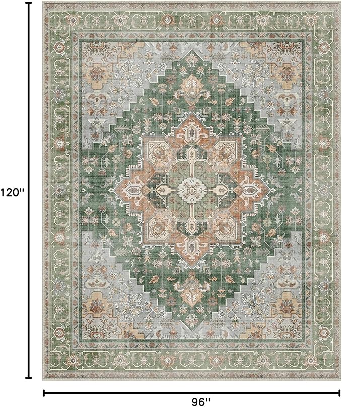 GENIMO 8x10 Area Rugs for Living Room, Machine Washable Non Slip Vintage Rugs, Low Pile Lightweight Chenille Print Rug for Bedroom, Dining Room, Home Office, Sage Green