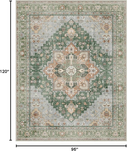 GENIMO 8x10 Area Rugs for Living Room, Machine Washable Non Slip Vintage Rugs, Low Pile Lightweight Chenille Print Rug for Bedroom, Dining Room, Home Office, Sage Green