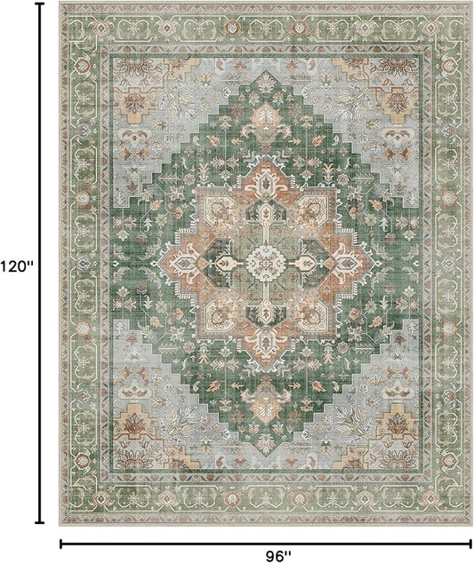 GENIMO 8x10 Area Rugs for Living Room, Machine Washable Non Slip Vintage Rugs, Low Pile Lightweight Chenille Print Rug for Bedroom, Dining Room, Home Office, Sage Green