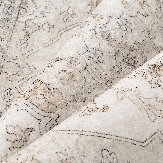 PureCozy Beige Runner Rug 2'6"x10' Washable Vintage Carpet Hallway Kitchen Soft Retro Low Pile Thin Indoor Bedroom Non Slip Oriental Medallion Long Throw Rug for Bathroom Laundry Dining Room