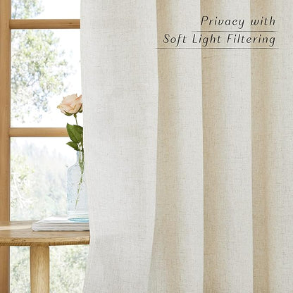 NICETOWN Linen Flax Semi Sheer Curtains 94" Length, Grommet Window Treatments Privacy Added with Light Penetration Vertical Drapes for Loft/Home Office, Natural, W55 x L94, 2 Panels