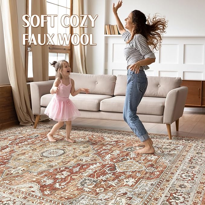 10x14 Area Rugs Living Room: Machine Washable Boho Large Vintage Soft Rug Stain Resistant Farmhouse Oriental Non Slip Indoor Carpet for Bedroom Nursery Kids Playroom Office Dining Room- Red Brown