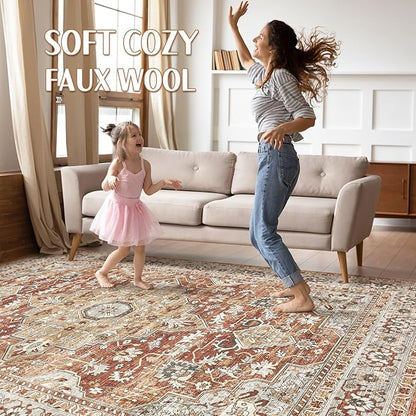 10x14 Area Rugs Living Room: Machine Washable Boho Large Vintage Soft Rug Stain Resistant Farmhouse Oriental Non Slip Indoor Carpet for Bedroom Nursery Kids Playroom Office Dining Room- Red Brown