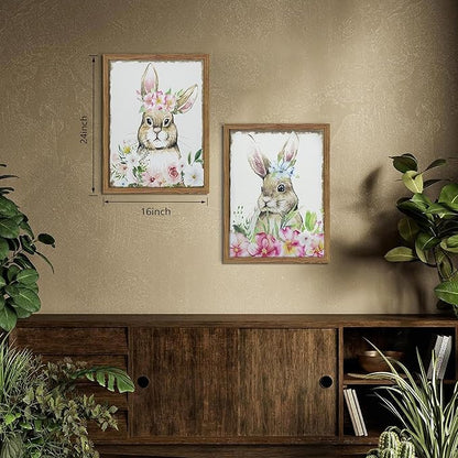 Framed Vintage Easter Wall Art Decor, Easter Bunny Picture Wall Decorations Set of 2, Spring Rustic Rabbit Poster Prints Painting for Kids Room Living Room Bedroom 16x24 Inch