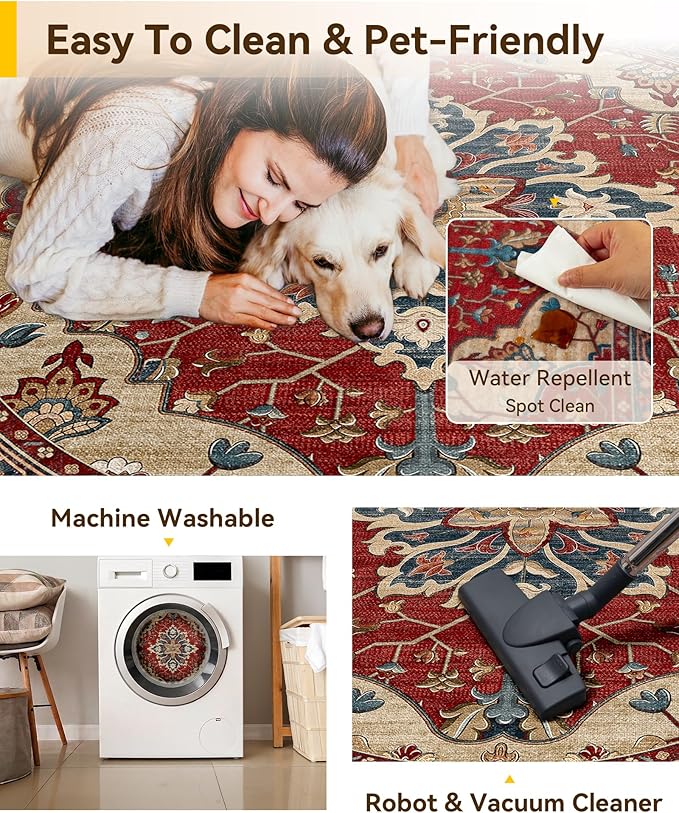 RELEANY Area Rugs Round 5ft Washable Non-Slip, Floral Vintage Distress Print Pattern Medallion Carpet for Living Room Bedroom Dining Room, Red Blue