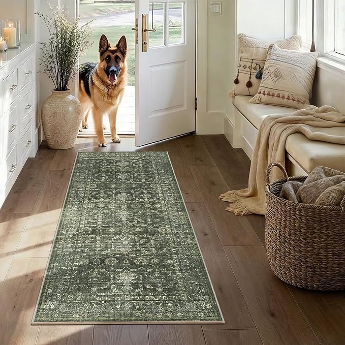 2x5 Green Runner Rug Hallway Washable Area Rugs Kitchen Vintage Boho Non Slip Long Rug Floral Carpet Indoor Retro Soft Low Pile Throw Rug for Bedroom Bathroom Laundry Dining Living Room Office