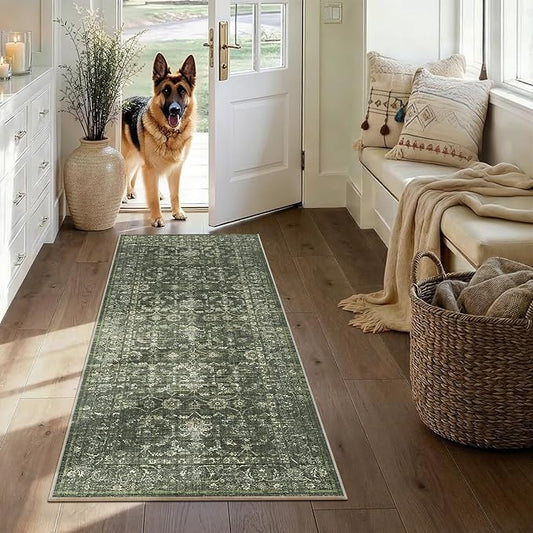 2x5 Green Runner Rug Hallway Washable Area Rugs Kitchen Vintage Boho Non Slip Long Rug Floral Carpet Indoor Retro Soft Low Pile Throw Rug for Bedroom Bathroom Laundry Dining Living Room Office